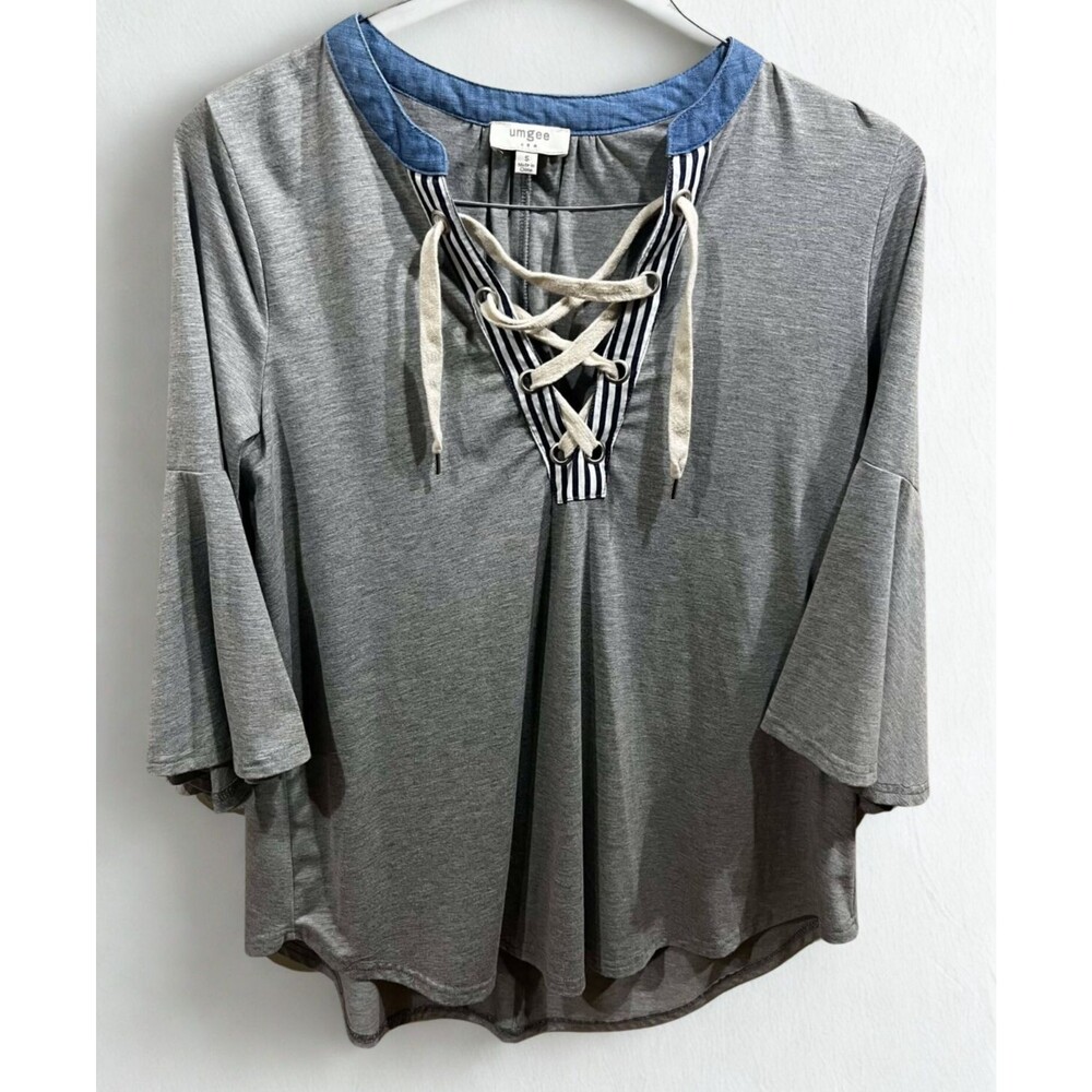 Umgee Tunic Top Womens Small Gray Boho Drawstring V Neck Bell Sleeve Blouse - Picture 1 of 7